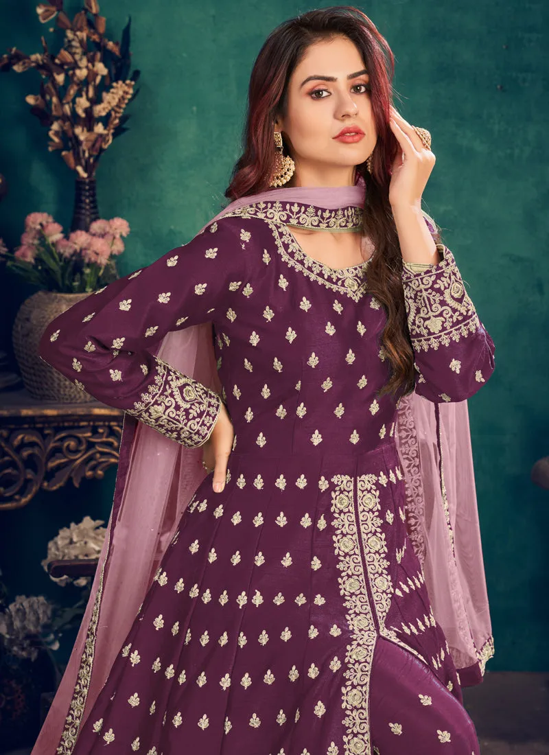 Deep Wine Zari Embroidered Slit Style Anarkali Pant Suit