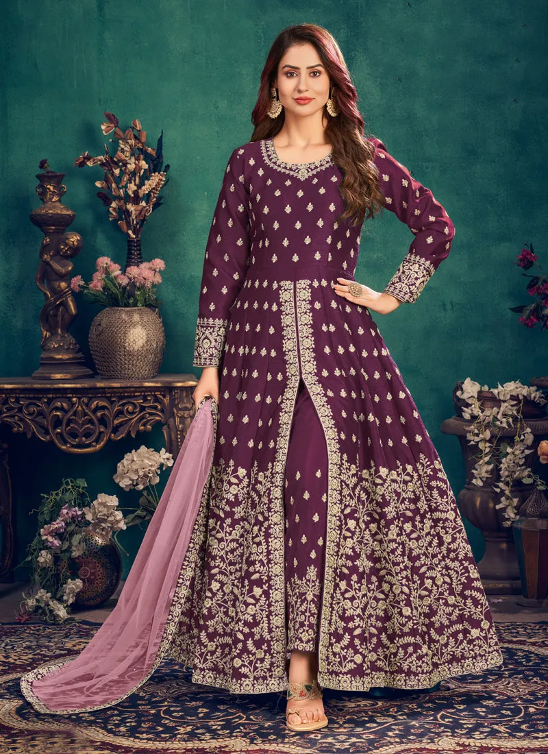 Deep Wine Zari Embroidered Slit Style Anarkali Pant Suit