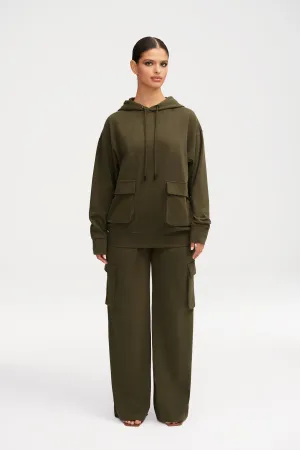 Demi Oversized Cargo Pocket Hoodie - Khaki Green