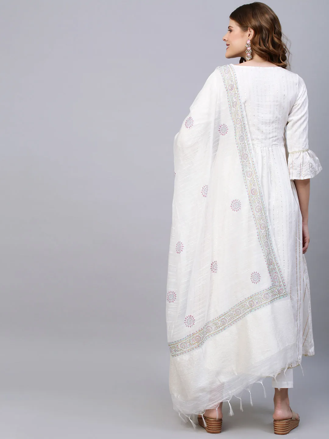 Ethnic Embroidered A-Line Flared Kurta with Pants and Dupatta - White