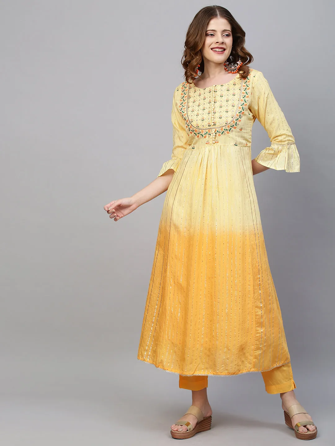 Ethnic Embroidered A-Line Flared Kurta with Pants and Dupatta - Yellow