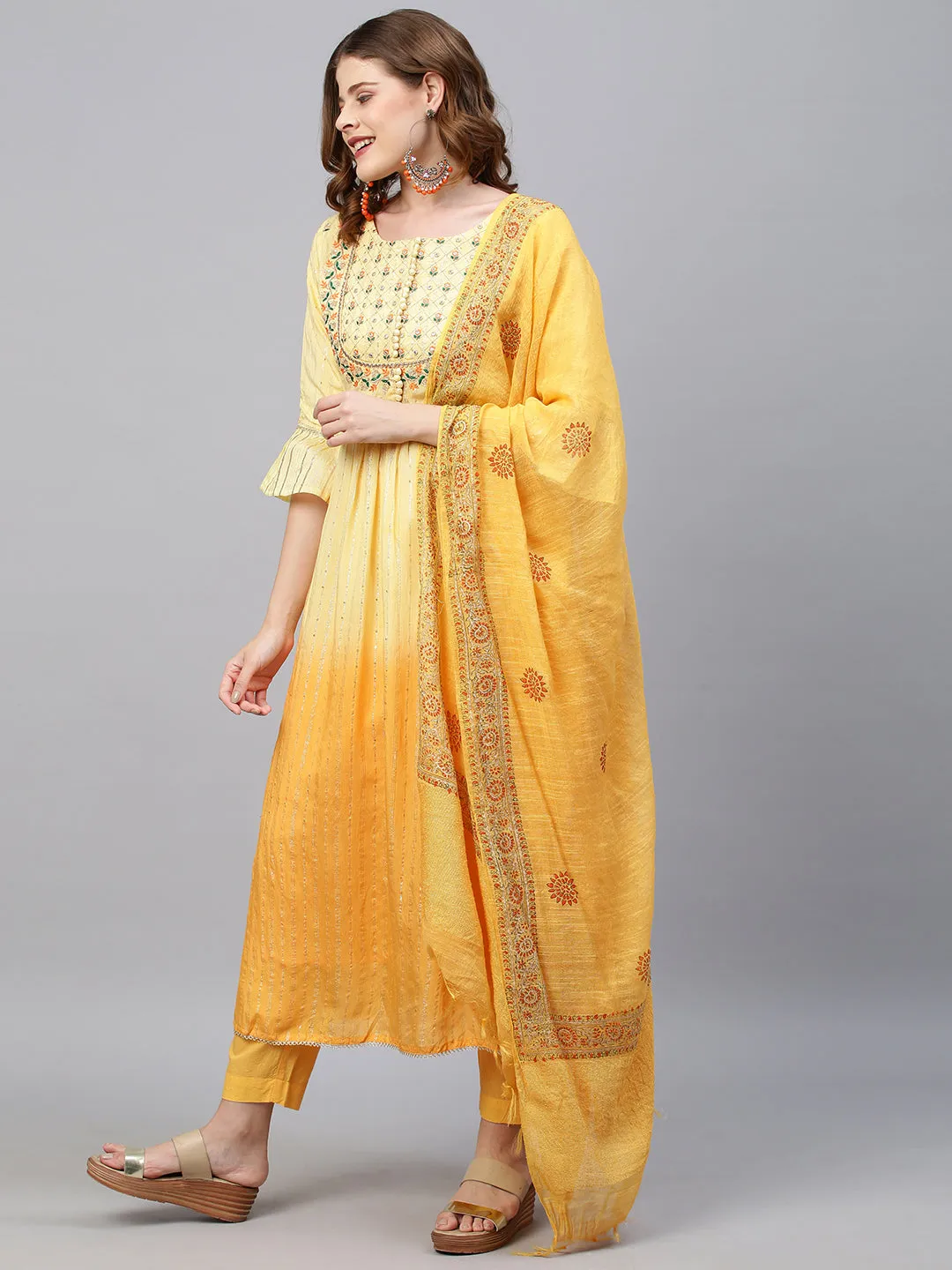 Ethnic Embroidered A-Line Flared Kurta with Pants and Dupatta - Yellow