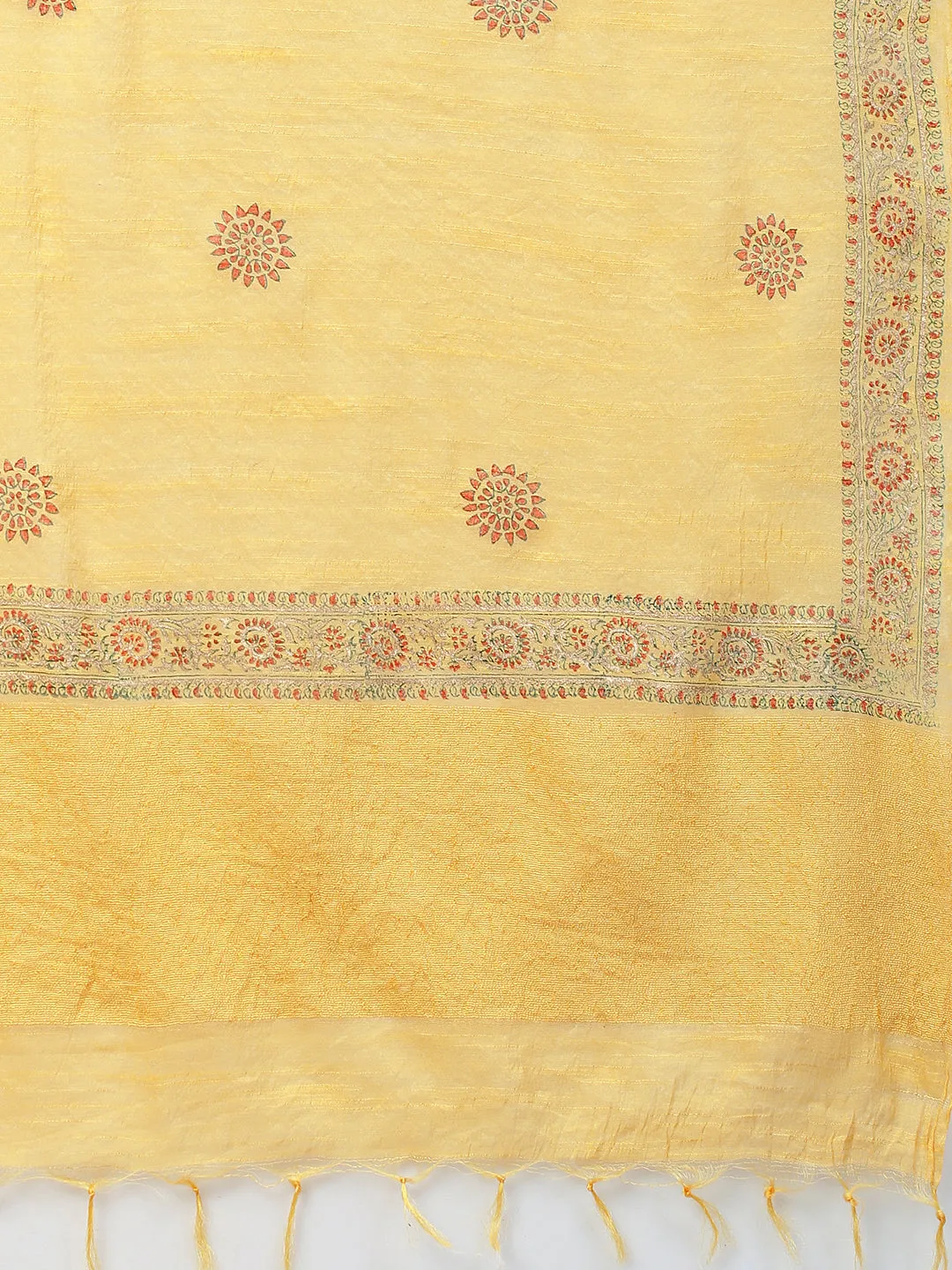 Ethnic Embroidered A-Line Flared Kurta with Pants and Dupatta - Yellow