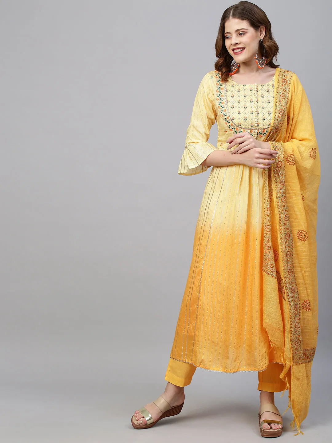 Ethnic Embroidered A-Line Flared Kurta with Pants and Dupatta - Yellow