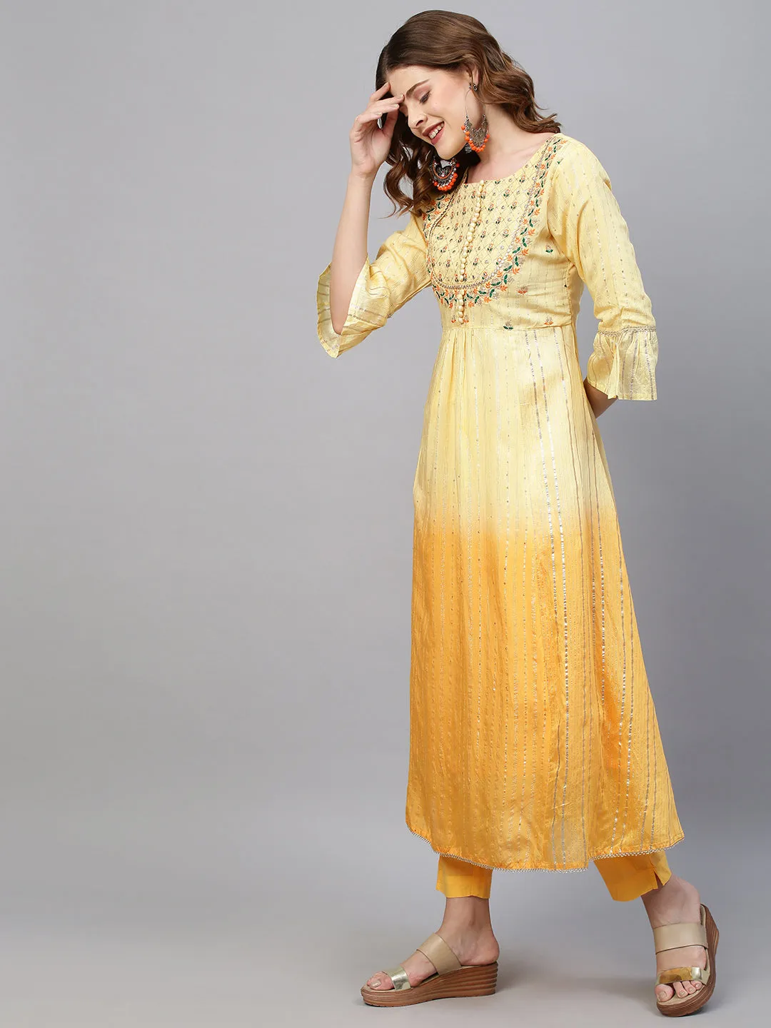 Ethnic Embroidered A-Line Flared Kurta with Pants and Dupatta - Yellow