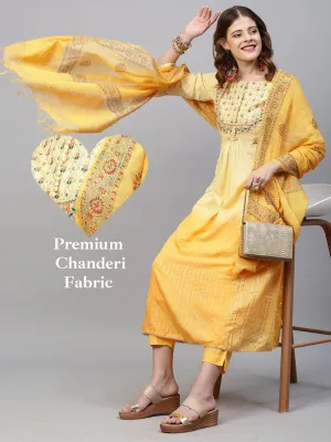 Ethnic Embroidered A-Line Flared Kurta with Pants and Dupatta - Yellow