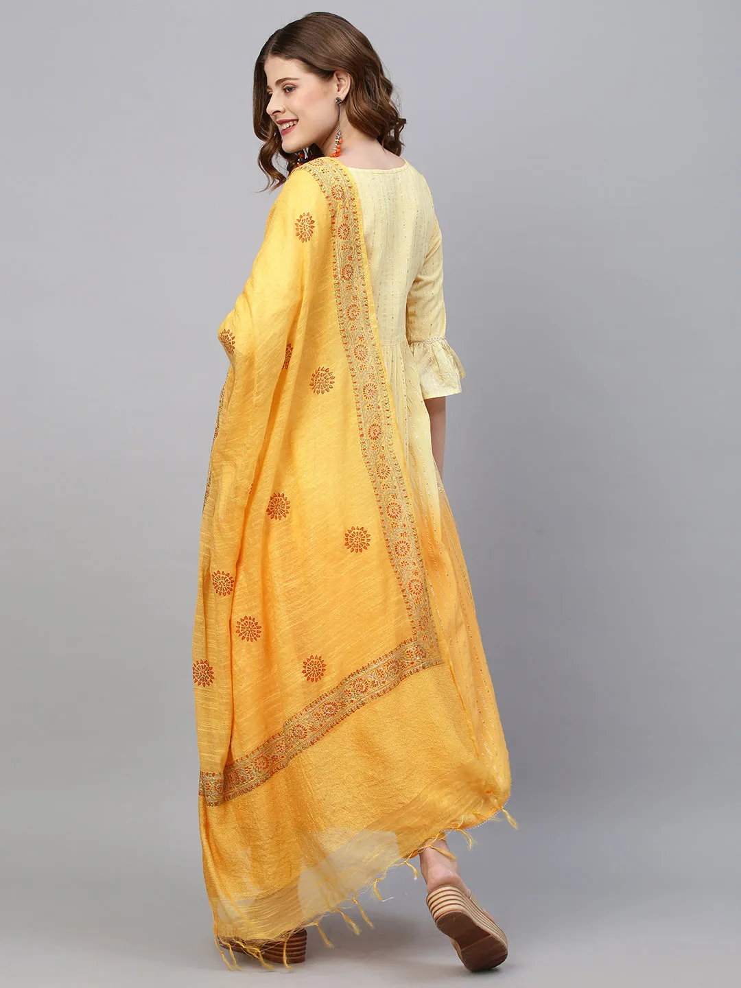 Ethnic Embroidered A-Line Flared Kurta with Pants and Dupatta - Yellow