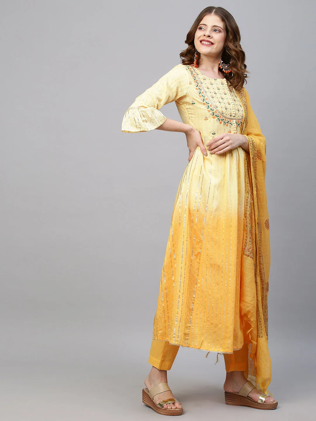 Ethnic Embroidered A-Line Flared Kurta with Pants and Dupatta - Yellow