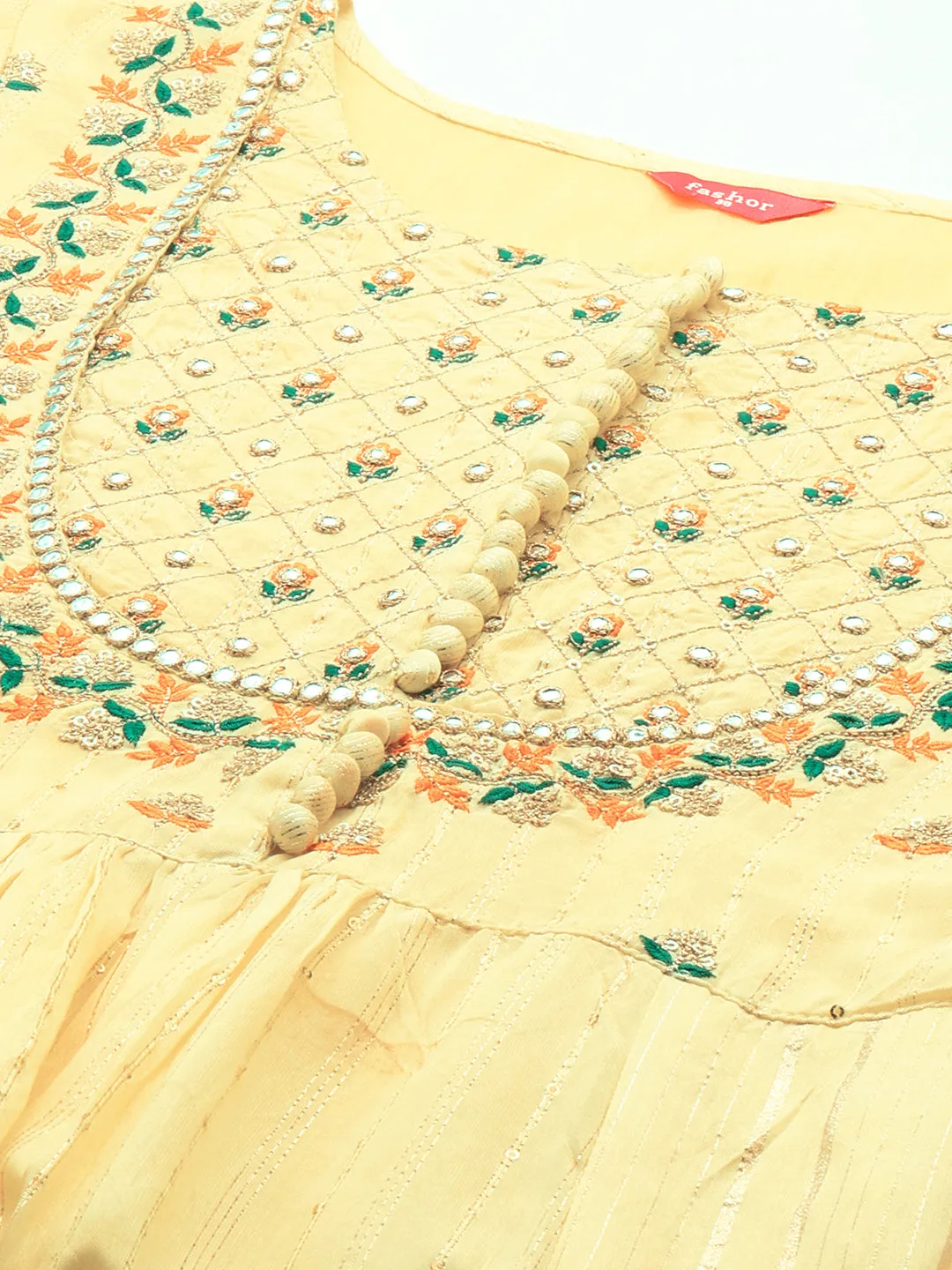 Ethnic Embroidered A-Line Flared Kurta with Pants and Dupatta - Yellow