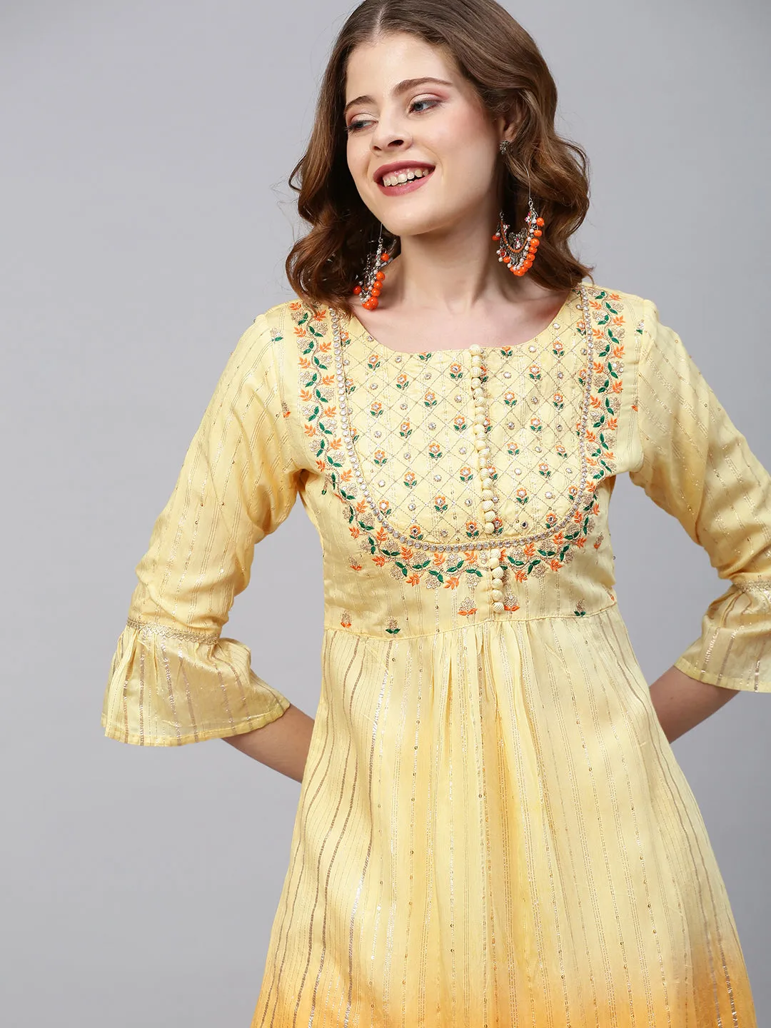 Ethnic Embroidered A-Line Flared Kurta with Pants and Dupatta - Yellow