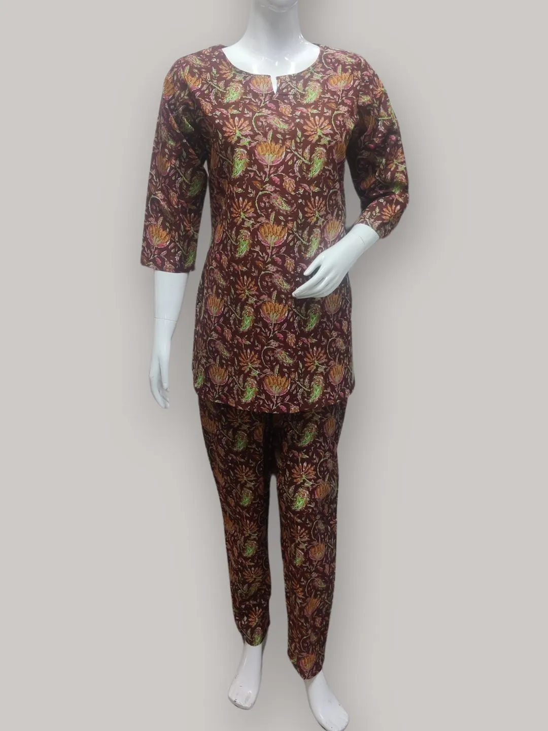 Ethnic Floral Print Pure Cotton Lounge Set - Maroon