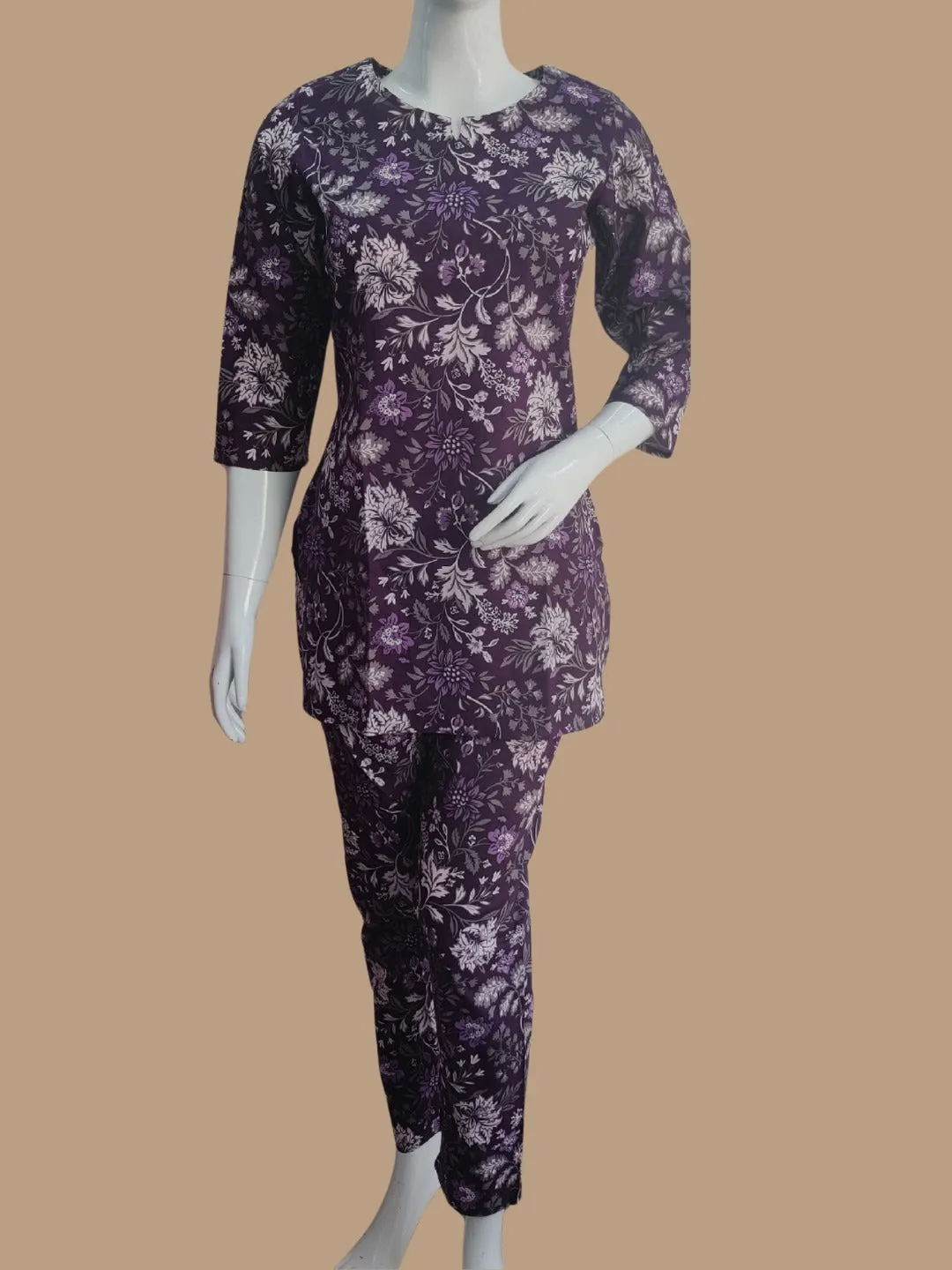 Ethnic Floral Print Pure Cotton Lounge Set - Purple