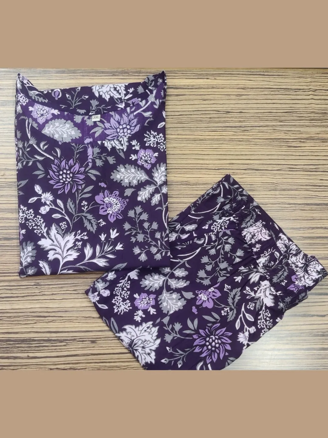 Ethnic Floral Print Pure Cotton Lounge Set - Purple