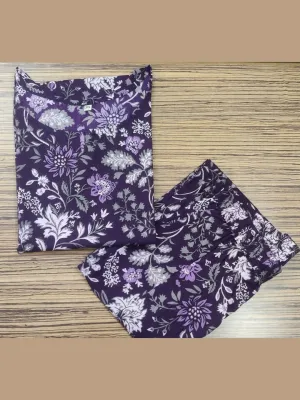 Ethnic Floral Print Pure Cotton Lounge Set - Purple