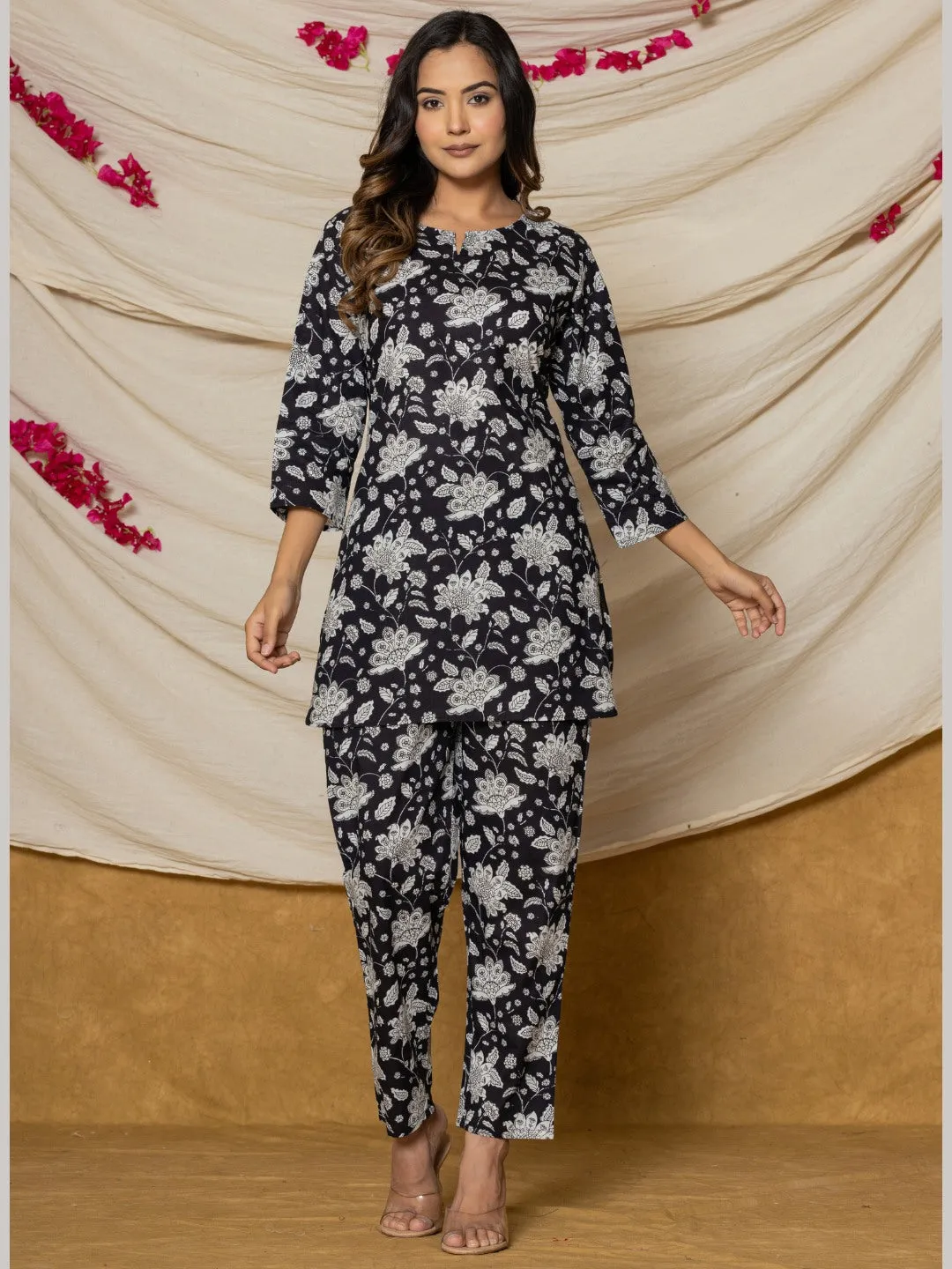 Floral Print Pure Cotton Lounge Set - Black