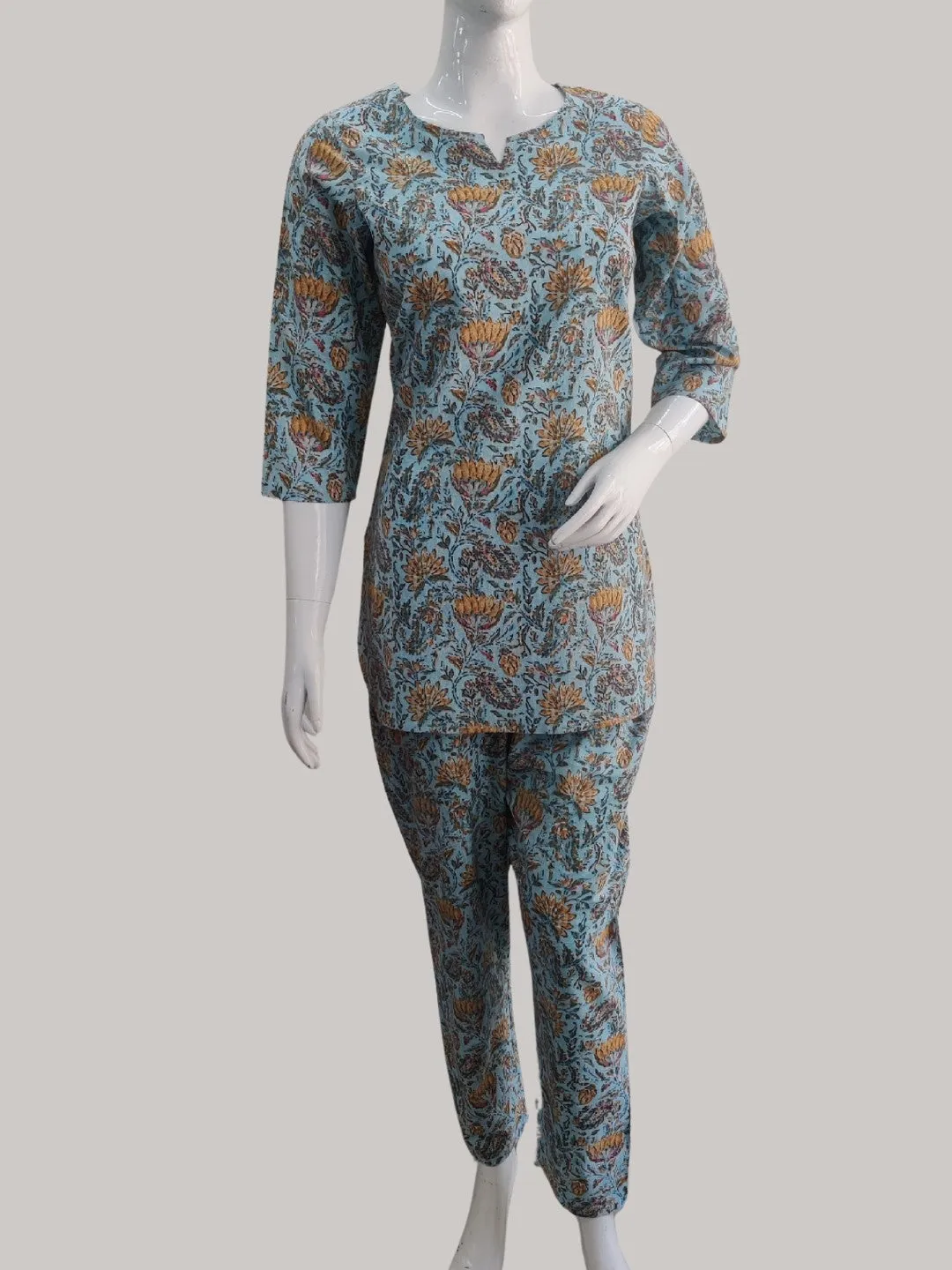 Floral Print Pure Cotton Lounge Set - Cyan