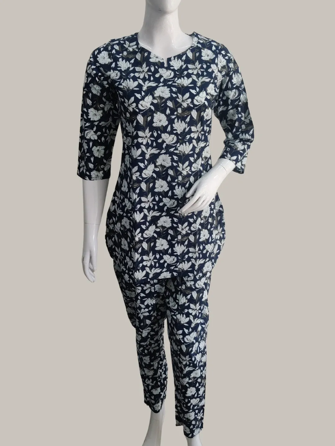 Floral Print Pure Cotton Lounge Set - Navy