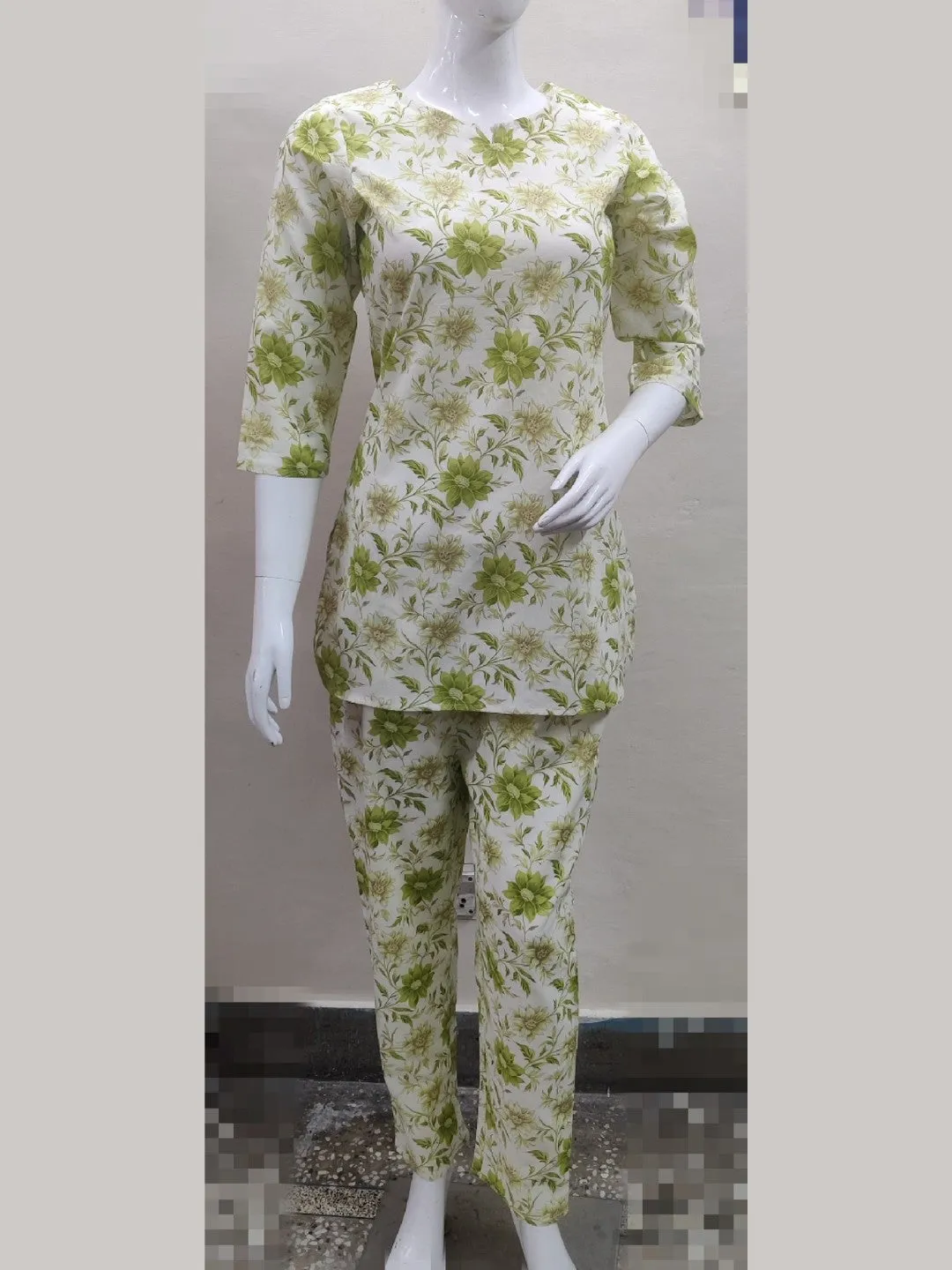 Floral Print Pure Cotton Lounge Set - Parrot Green