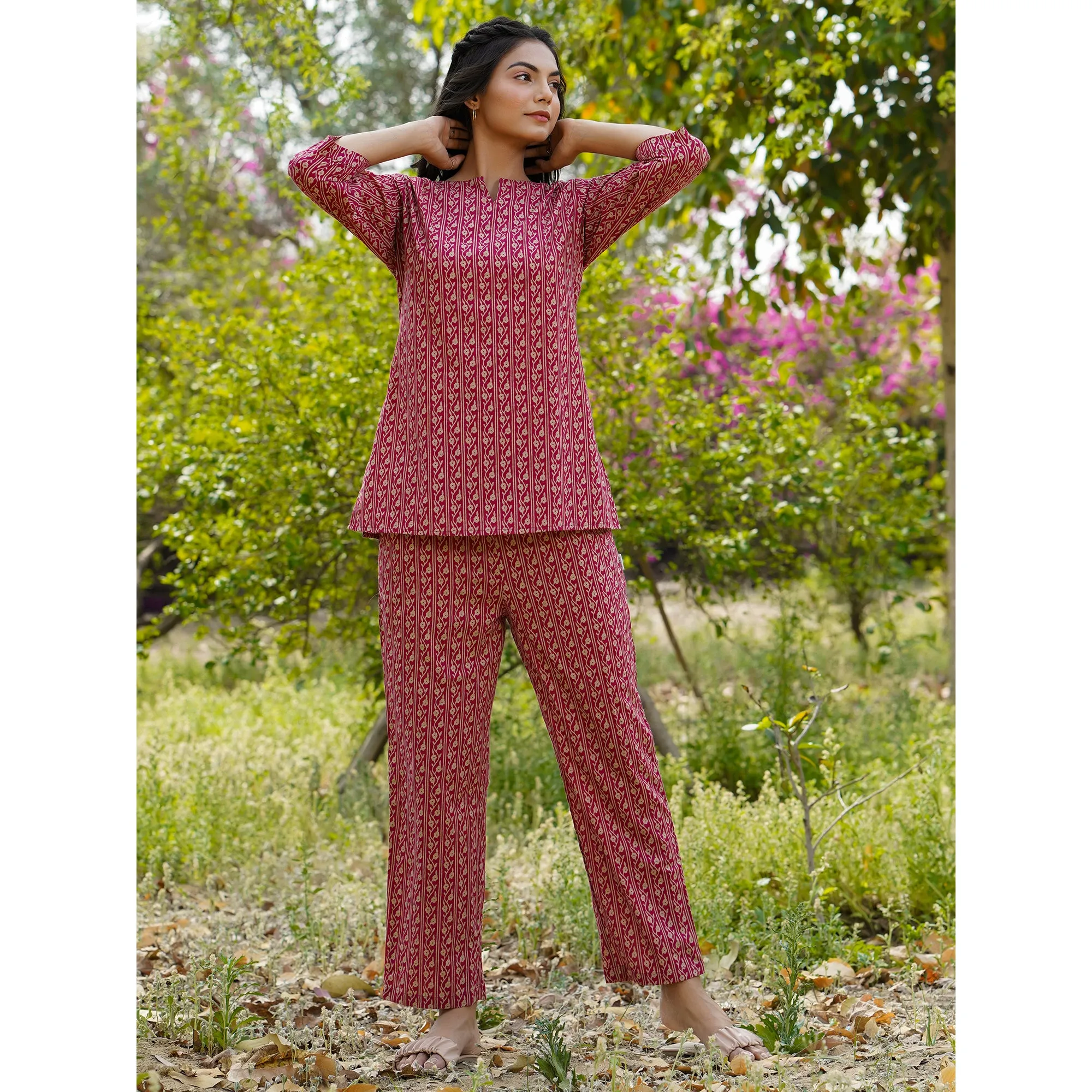 Floral Twines on Maroon Loungewear Top Set