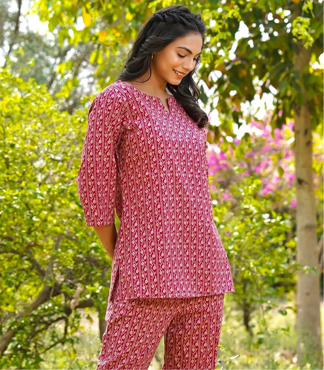 Floral Twines on Maroon Loungewear Top Set