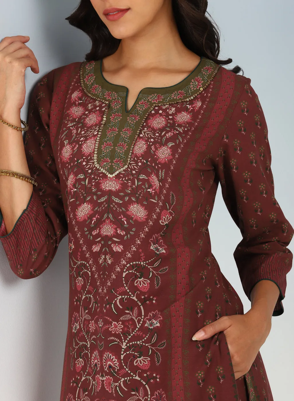 Fuchsia Kurta Set with Round neck and Contrast Front Placket