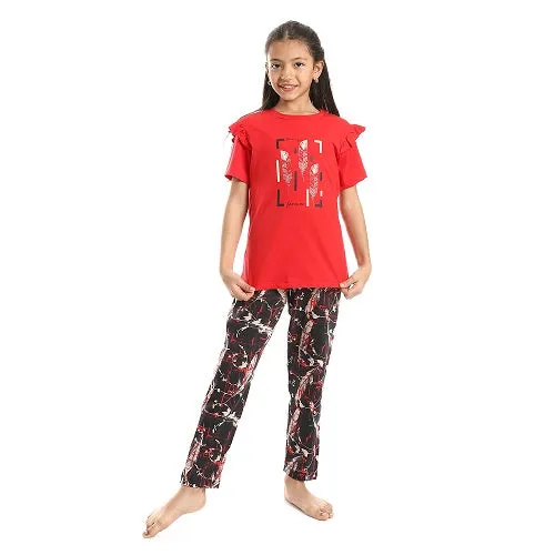 Girls Ruffled Shoulders & Patterned Pants Pajama Set - Red & Olive