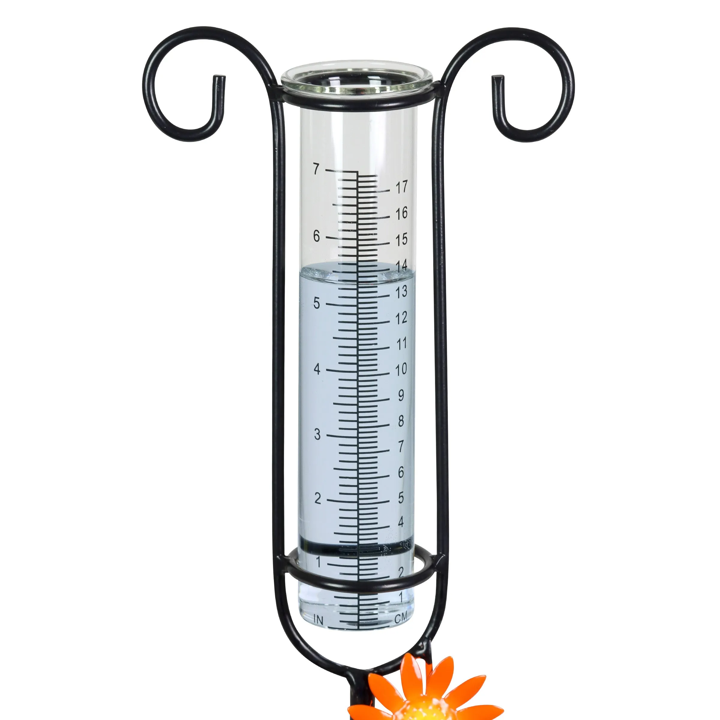 Glass and Metal Rain Gauge Garden Stake with Hand Painted Yellow and Orange Flowers, 42 Inches