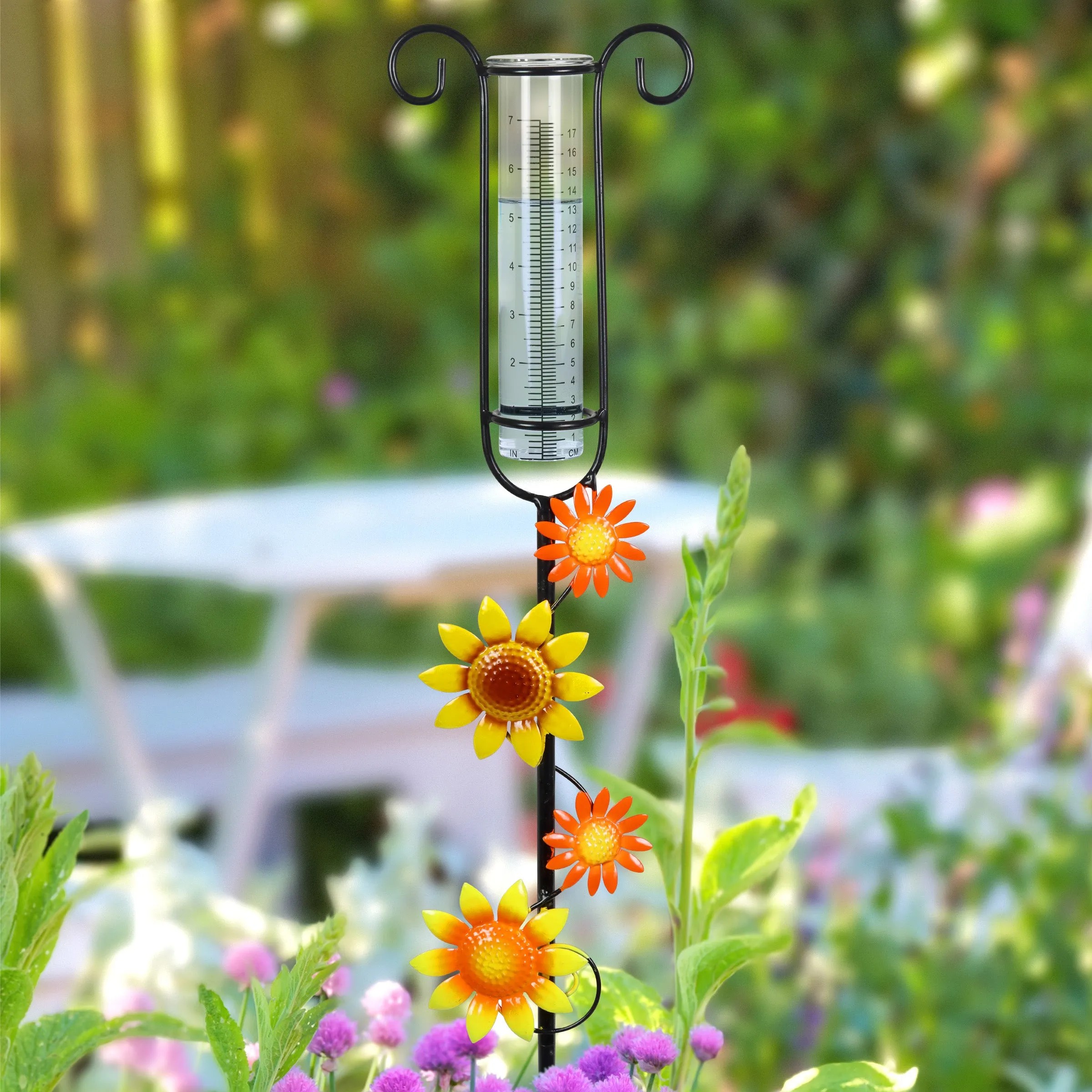 Glass and Metal Rain Gauge Garden Stake with Hand Painted Yellow and Orange Flowers, 42 Inches