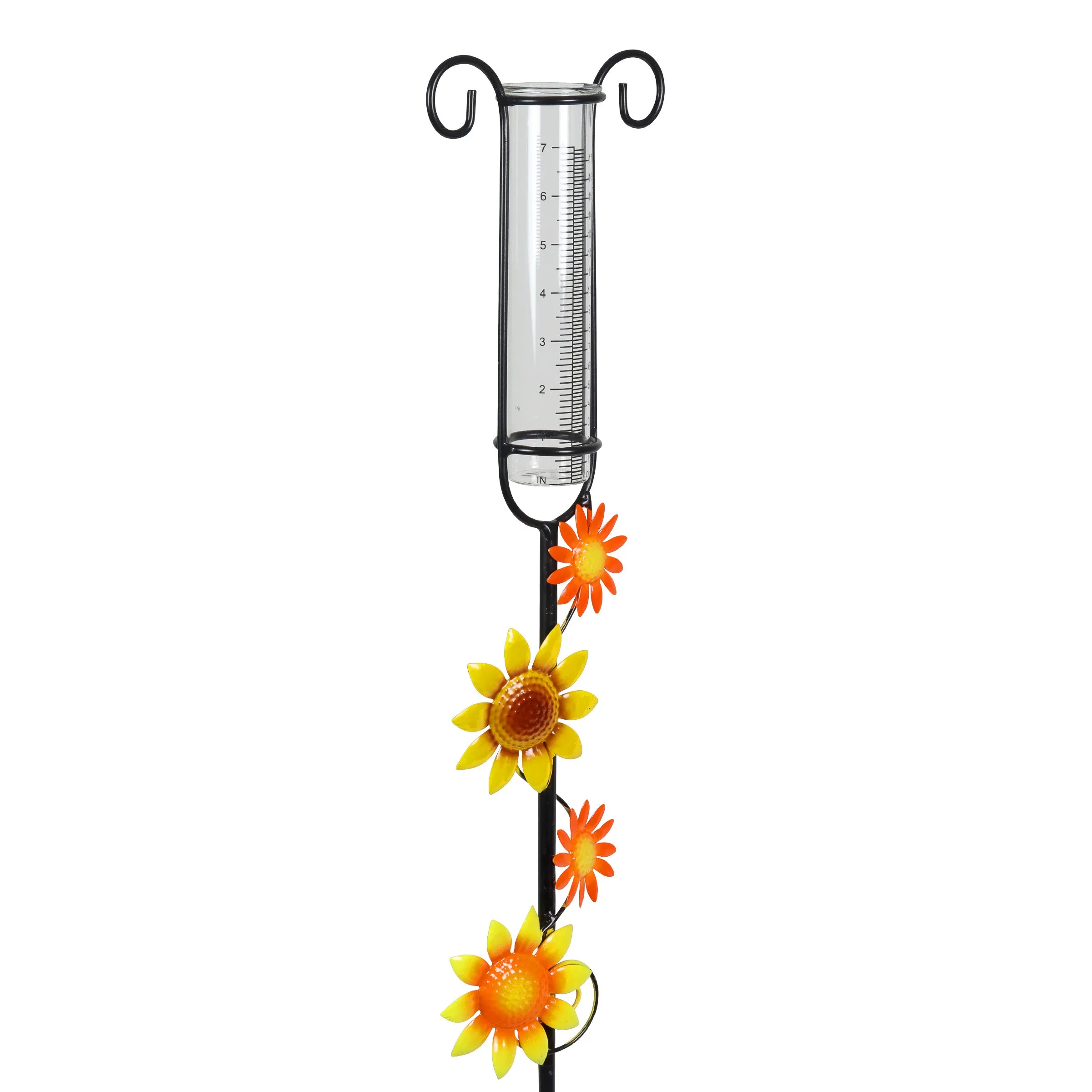 Glass and Metal Rain Gauge Garden Stake with Hand Painted Yellow and Orange Flowers, 42 Inches