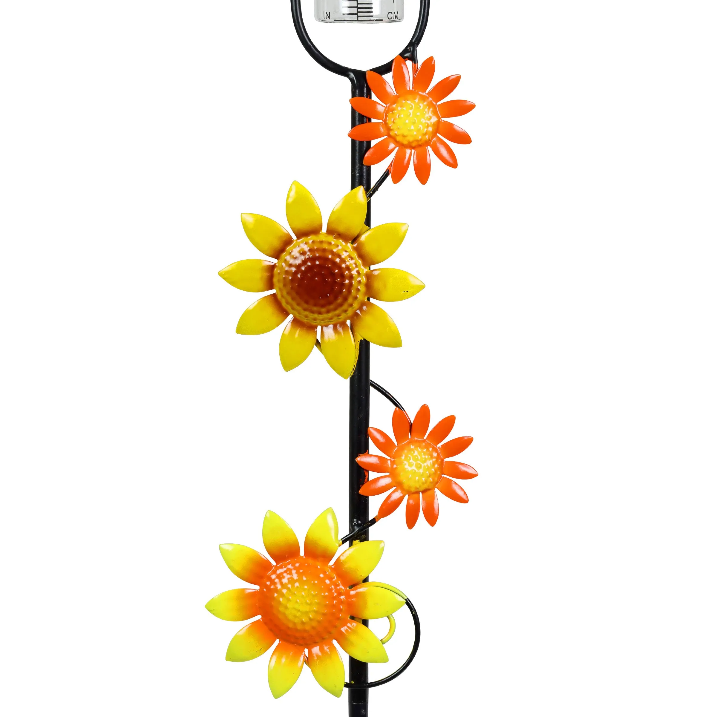 Glass and Metal Rain Gauge Garden Stake with Hand Painted Yellow and Orange Flowers, 42 Inches