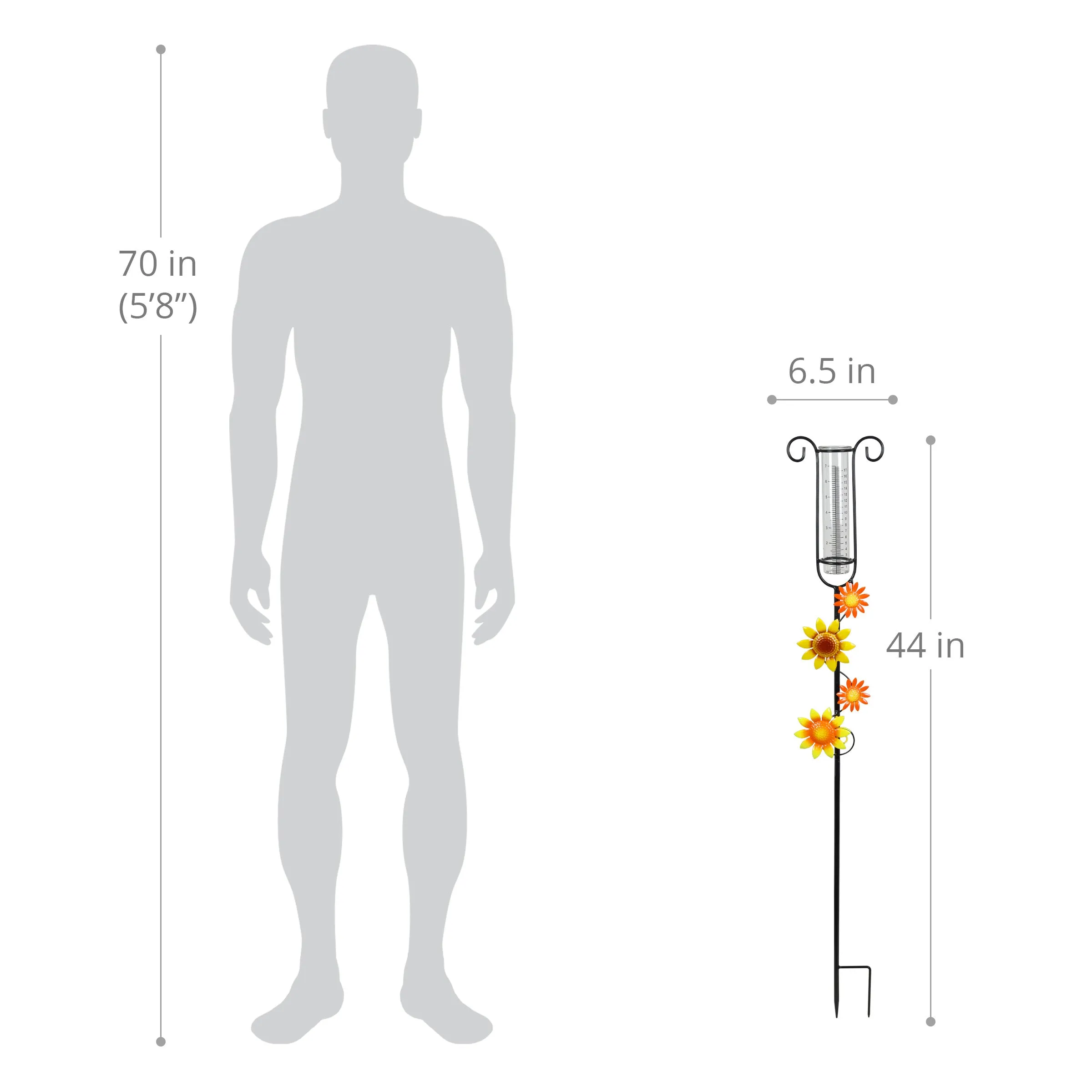 Glass and Metal Rain Gauge Garden Stake with Hand Painted Yellow and Orange Flowers, 42 Inches