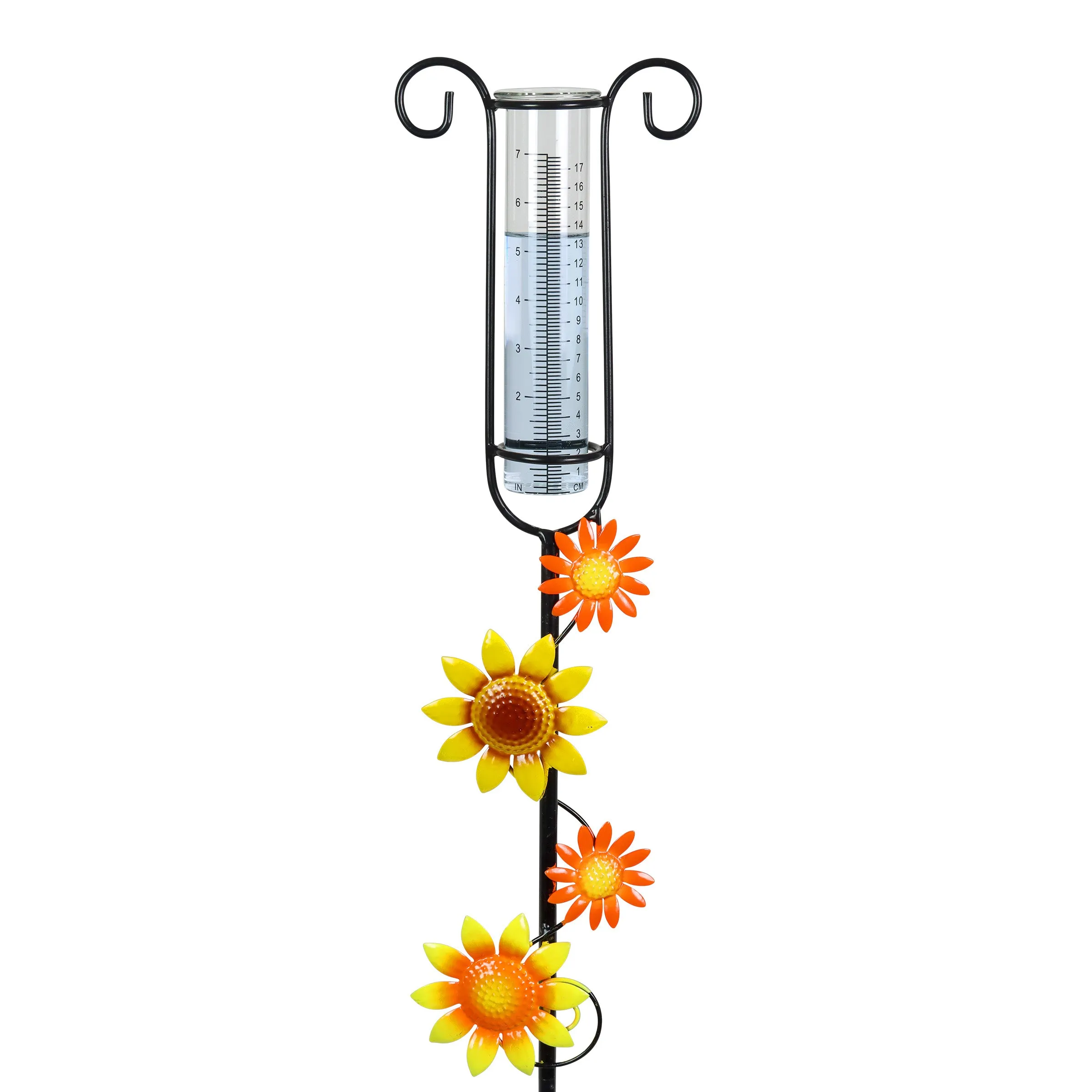 Glass and Metal Rain Gauge Garden Stake with Hand Painted Yellow and Orange Flowers, 42 Inches