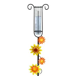 Glass and Metal Rain Gauge Garden Stake with Hand Painted Yellow and Orange Flowers, 42 Inches