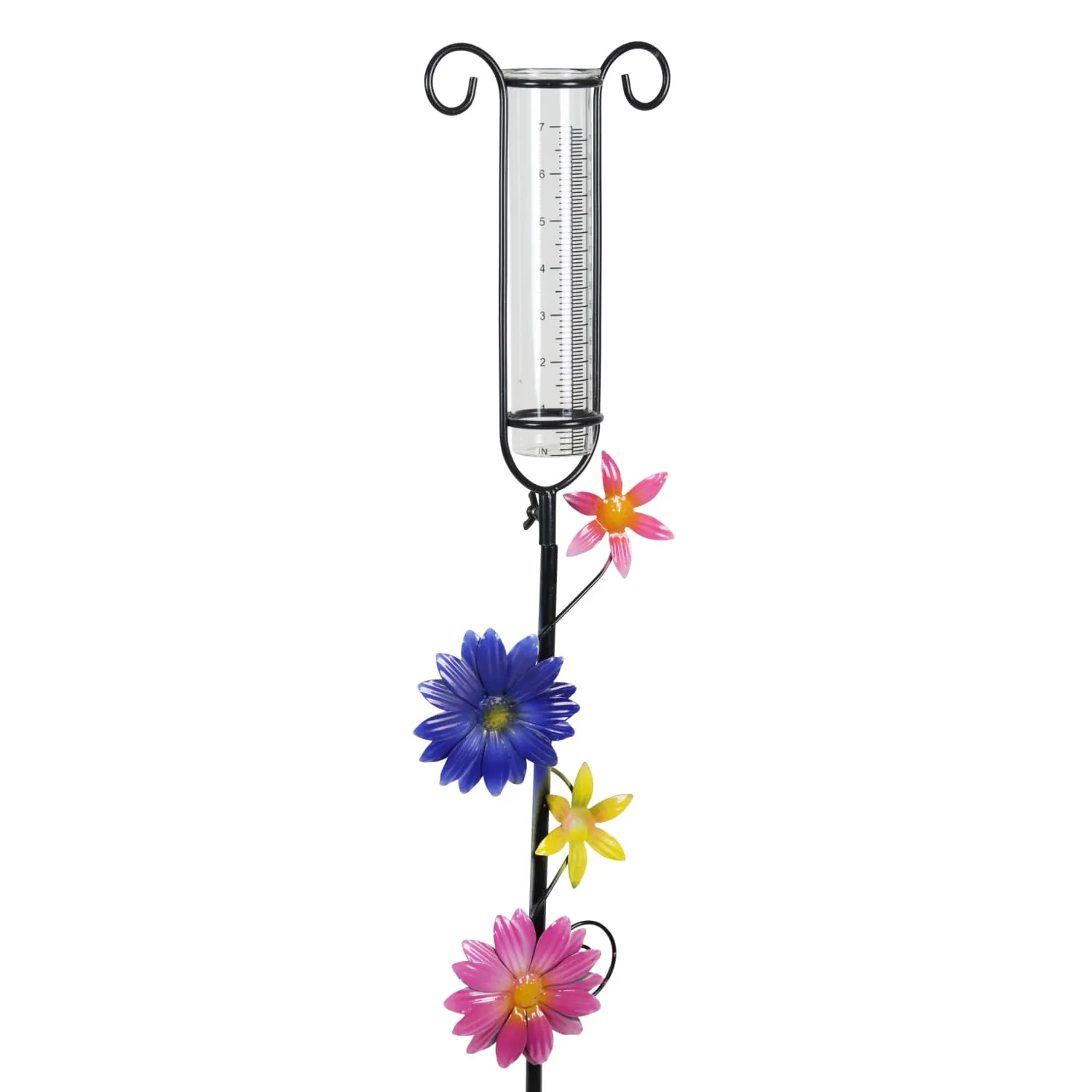 Glass and Metal Rain Gauge Garden Stake with Multicolored Hand Painted Pink, Blue, Yellow and Purple Flowers, 42 Inches