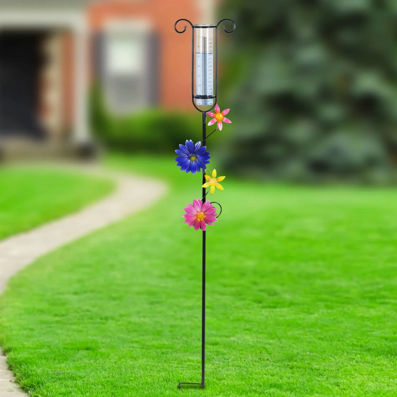 Glass and Metal Rain Gauge Garden Stake with Multicolored Hand Painted Pink, Blue, Yellow and Purple Flowers, 42 Inches