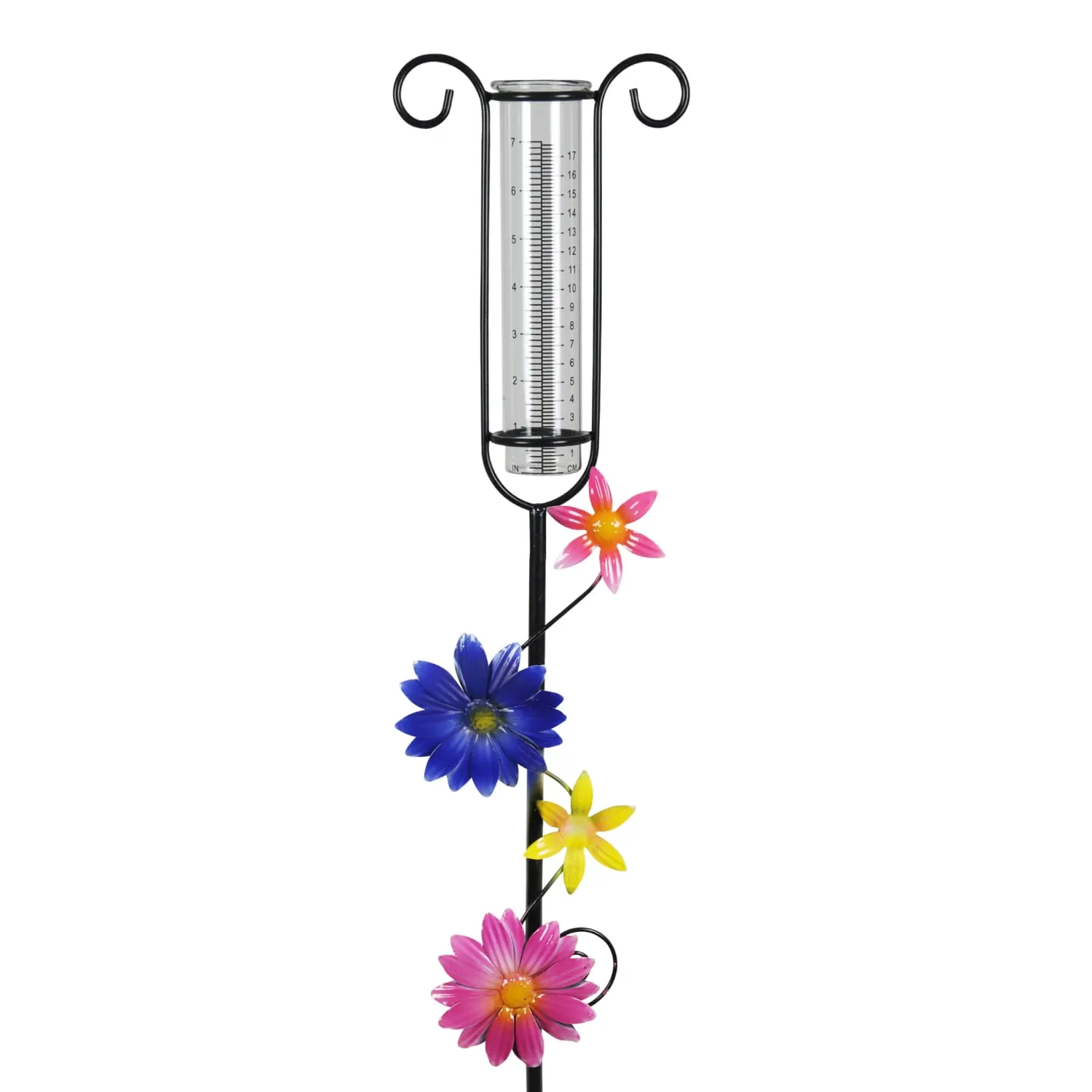 Glass and Metal Rain Gauge Garden Stake with Multicolored Hand Painted Pink, Blue, Yellow and Purple Flowers, 42 Inches