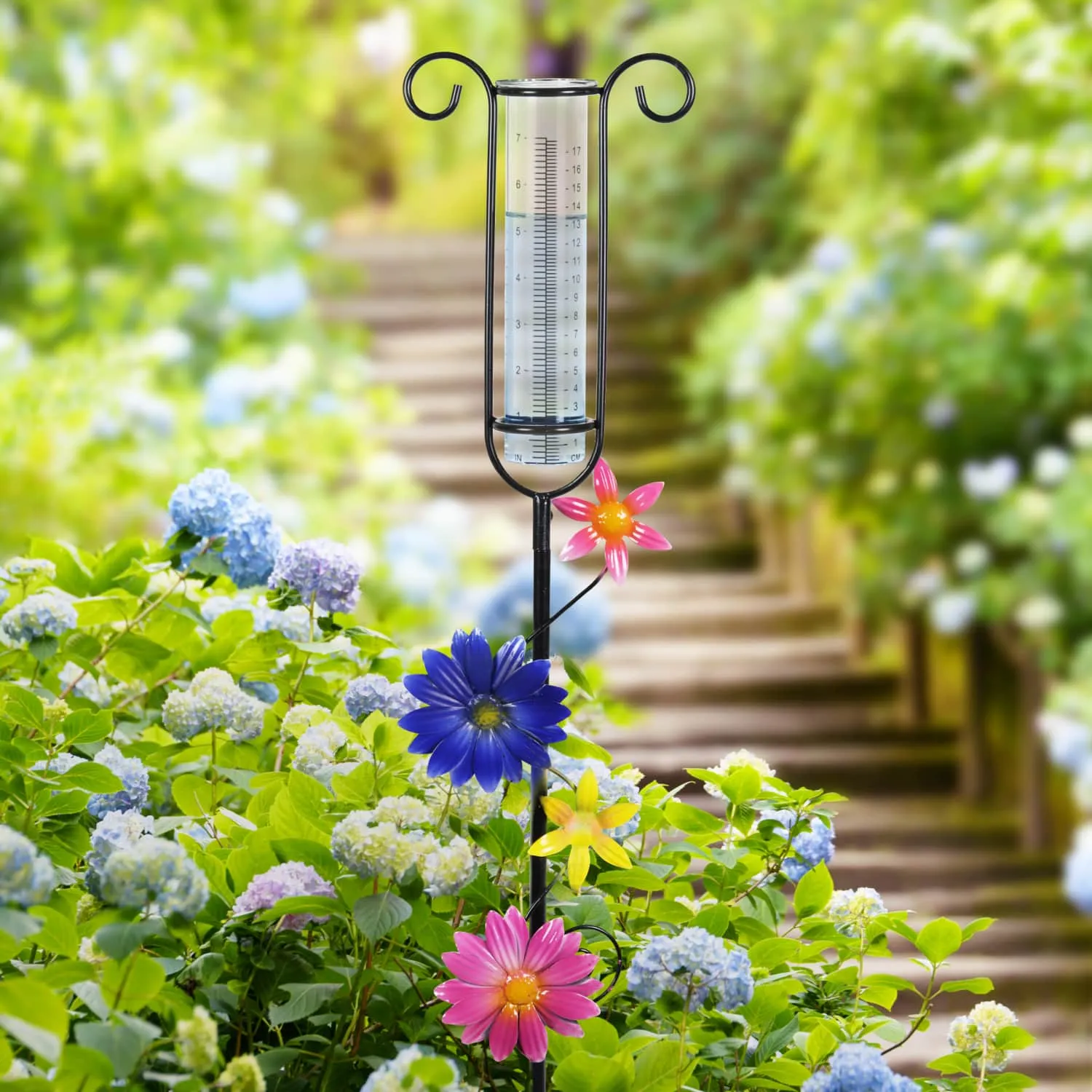 Glass and Metal Rain Gauge Garden Stake with Multicolored Hand Painted Pink, Blue, Yellow and Purple Flowers, 42 Inches