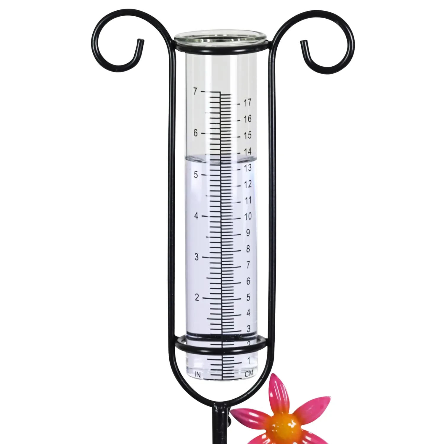 Glass and Metal Rain Gauge Garden Stake with Multicolored Hand Painted Pink, Blue, Yellow and Purple Flowers, 42 Inches