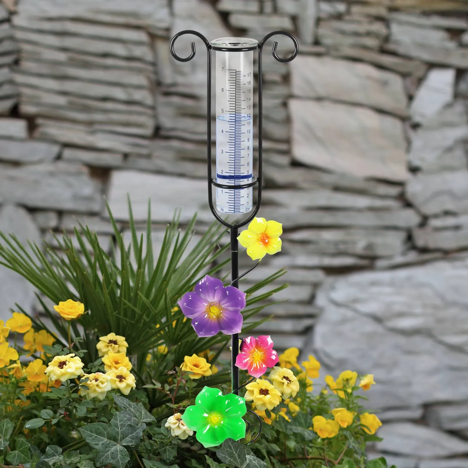 Glass and Metal Rain Gauge Garden Stake with Multicolored Hand Painted Yellow, Purple, Pink and Green Flowers, 42 Inches