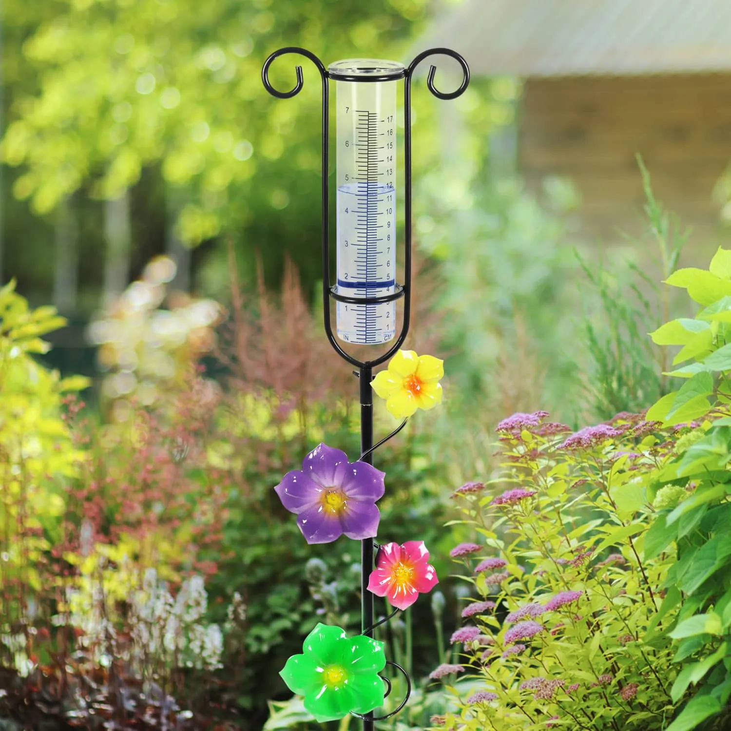 Glass and Metal Rain Gauge Garden Stake with Multicolored Hand Painted Yellow, Purple, Pink and Green Flowers, 42 Inches