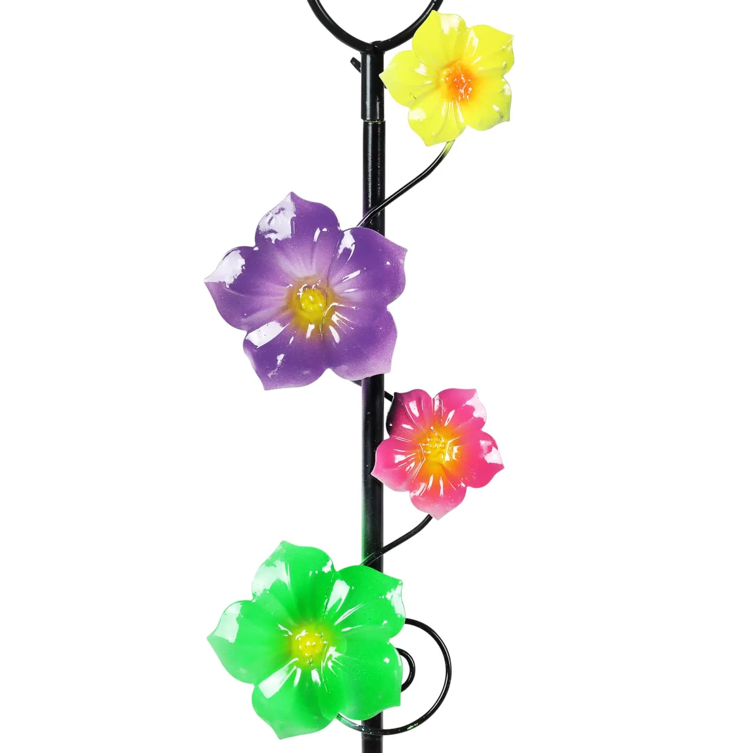 Glass and Metal Rain Gauge Garden Stake with Multicolored Hand Painted Yellow, Purple, Pink and Green Flowers, 42 Inches