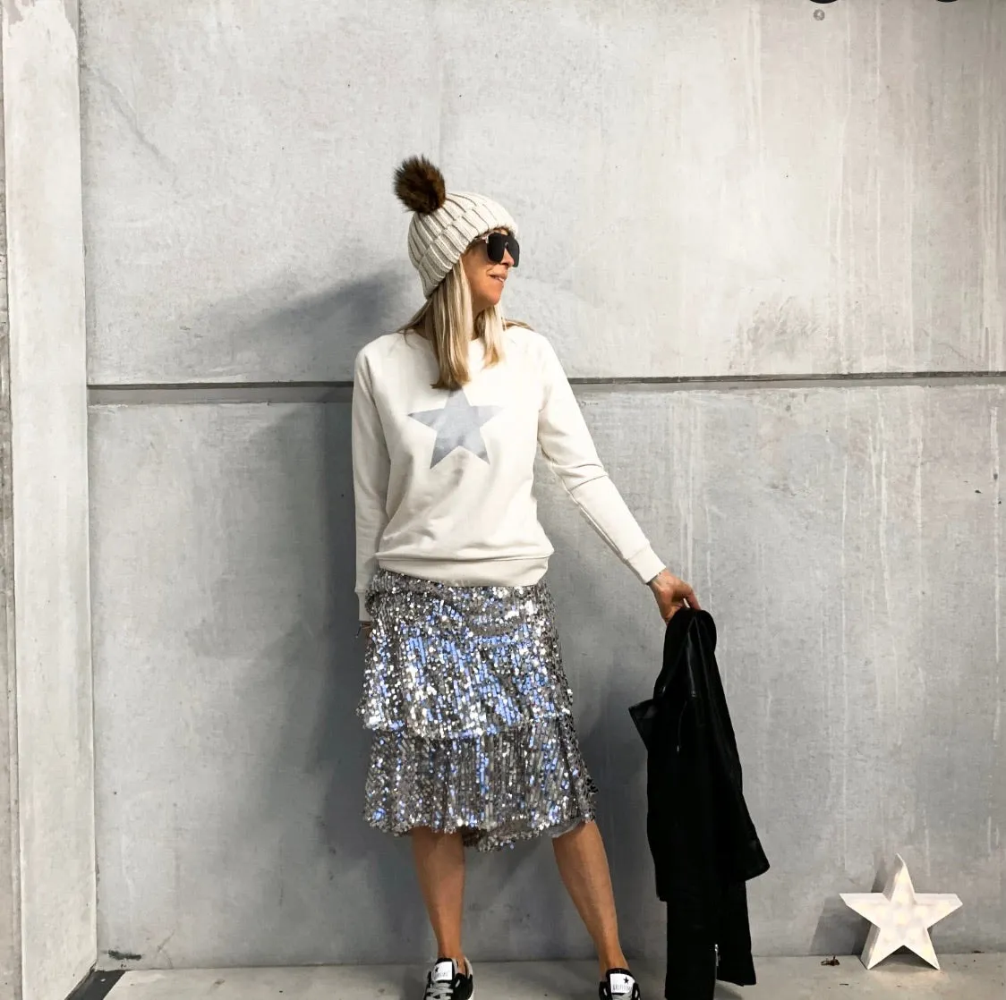 Glittery grey star cream raw sweatshirt