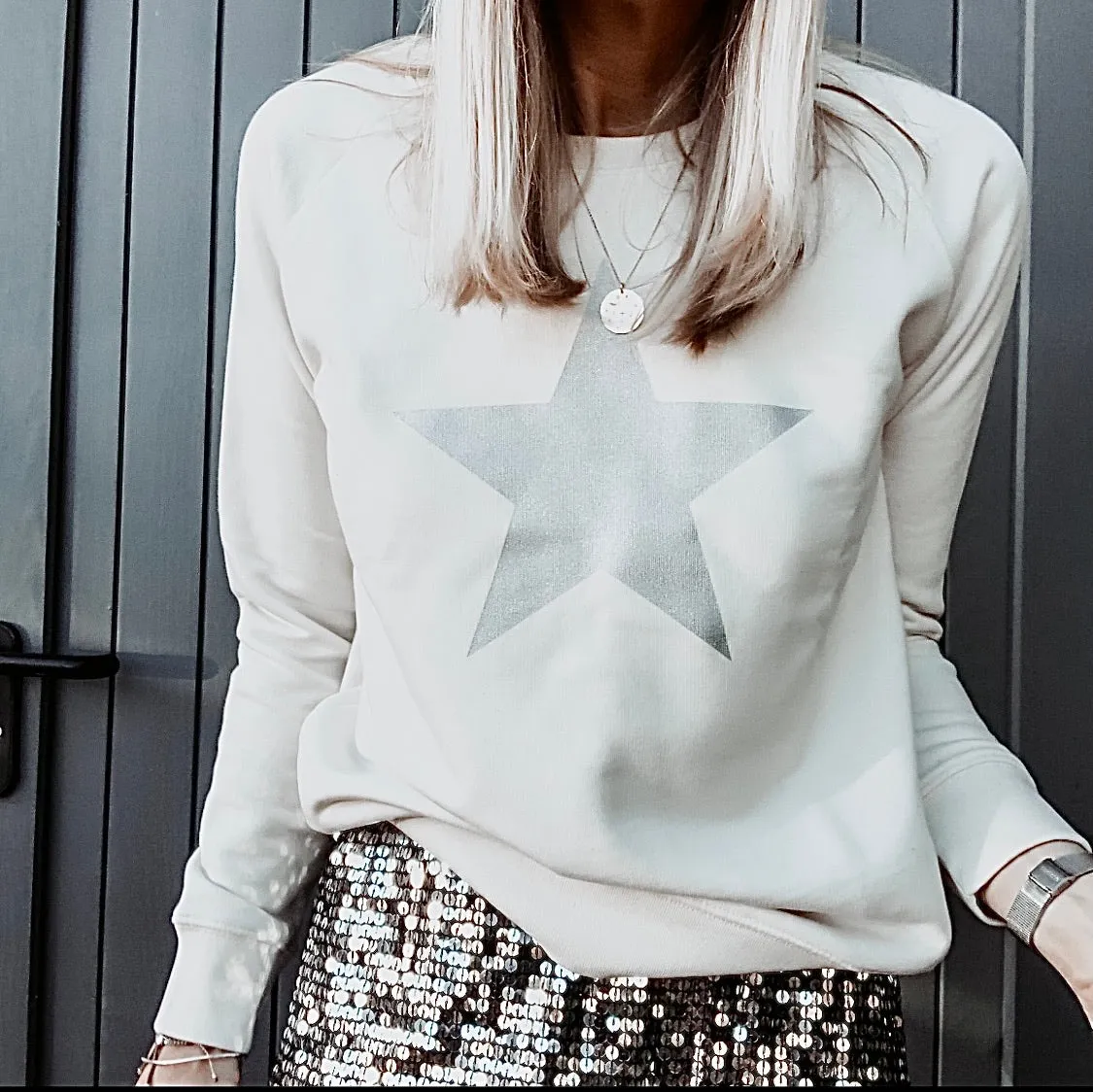 Glittery grey star cream raw sweatshirt