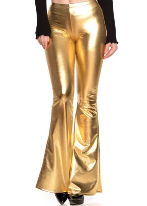 Gold Faux Leather Bell Bottoms Metallic Flare Pants