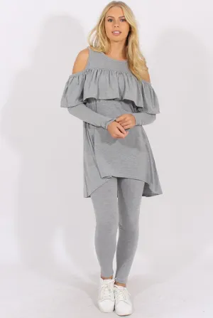 Grey Cold Shoulder Frill Dipped Hem Tracksuit - Tammy