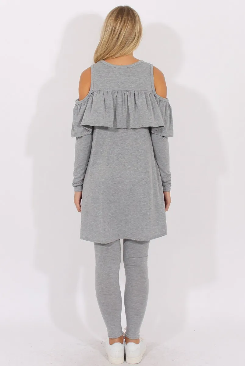 Grey Cold Shoulder Frill Dipped Hem Tracksuit - Tammy