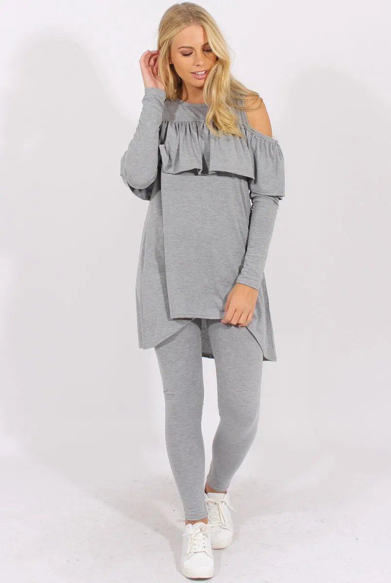 Grey Cold Shoulder Frill Dipped Hem Tracksuit - Tammy