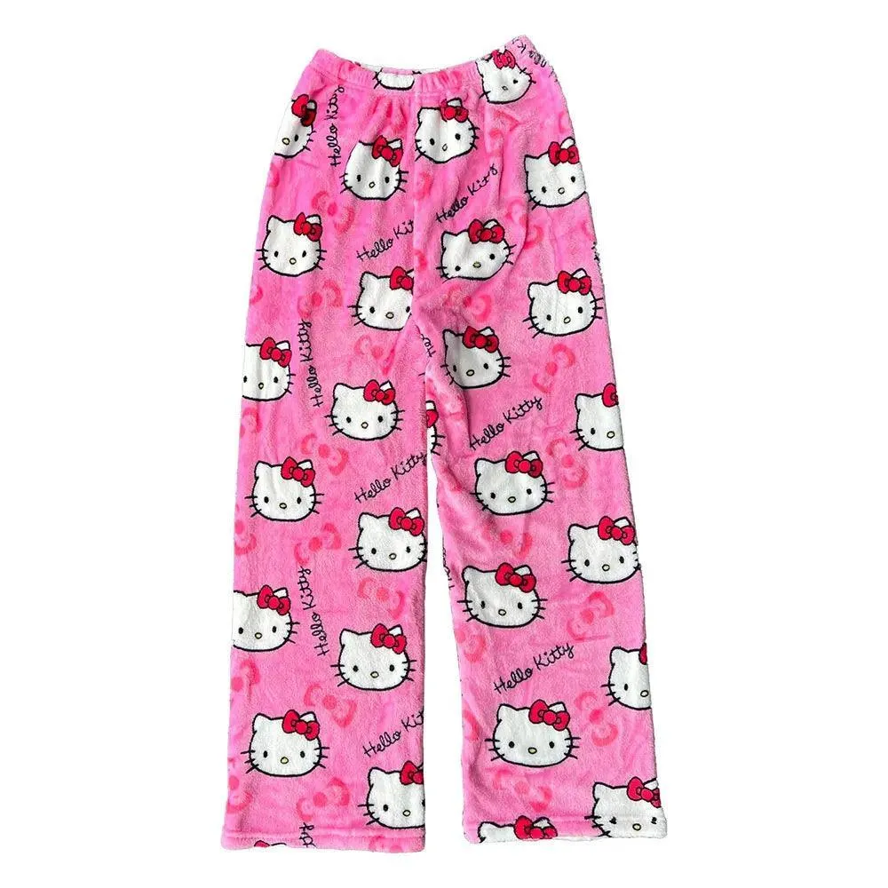 Hello Kitty Black Flannel Pants: Cozy Cartoon Loungewear - Women's Delight