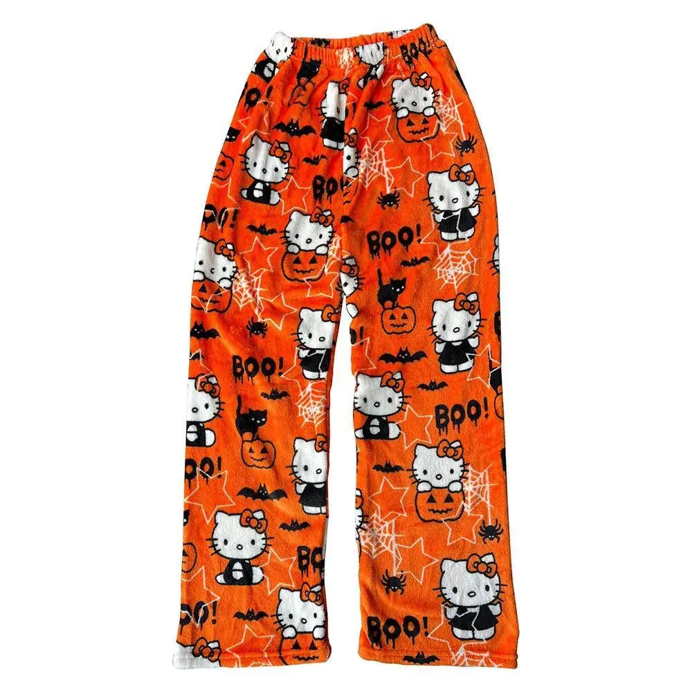 Hello Kitty Black Flannel Pants: Cozy Cartoon Loungewear - Women's Delight