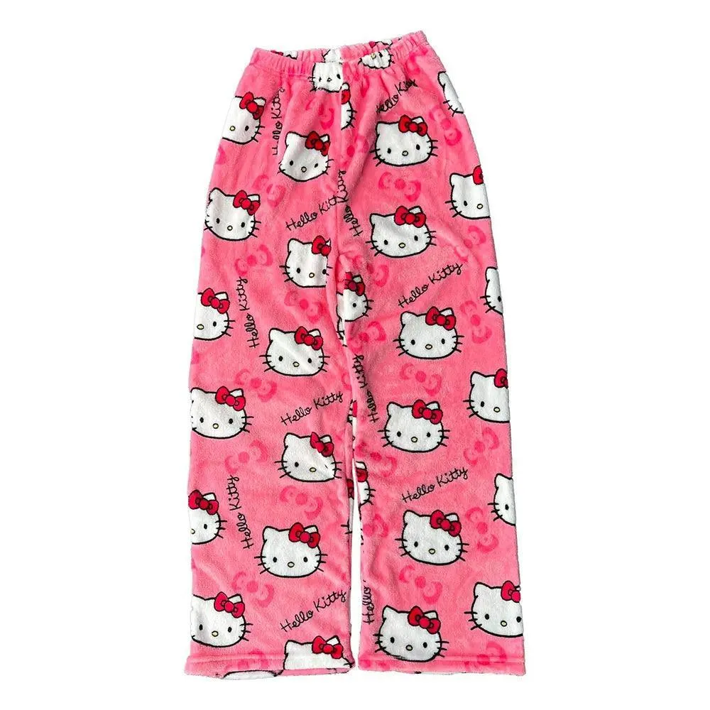 Hello Kitty Black Flannel Pants: Cozy Cartoon Loungewear - Women's Delight